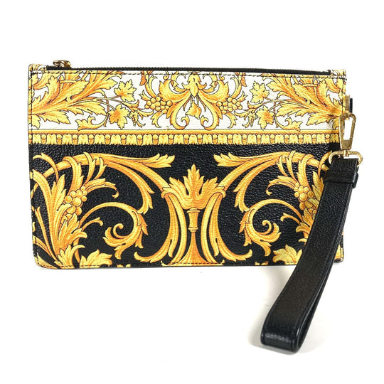VERSACE Clutch bag leather yellow pouch bag All-over logo mens Used Authentic