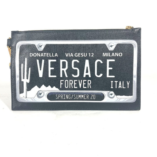VERSACE Clutch bag leather black logo unisex(Unisex) Used Authentic