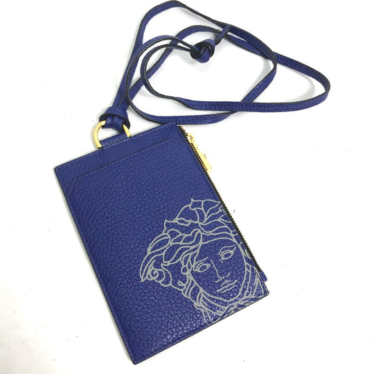 VERSACE Coin case leather blue Fragment case Medusa mens Used Authentic