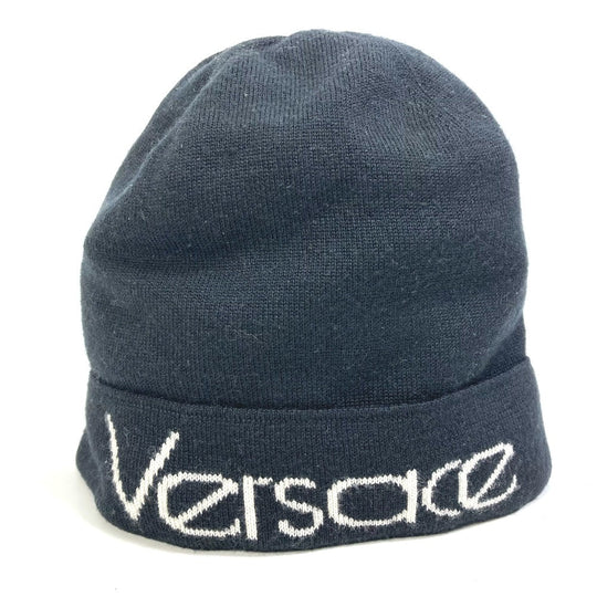 VERSACE Knit hat Wool, Silk black logo Women Used Authentic