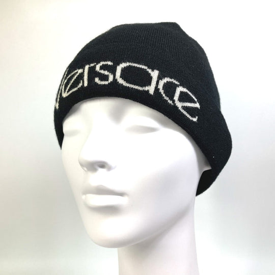 VERSACE Knit hat Wool, Silk black logo Women Used Authentic