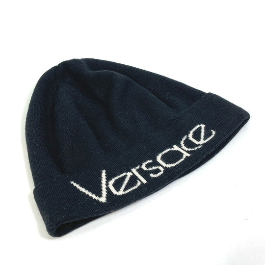 VERSACE Knit hat Wool, Silk black logo Women Used Authentic