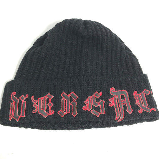 VERSACE Knit hat wool black logo mens Used Authentic