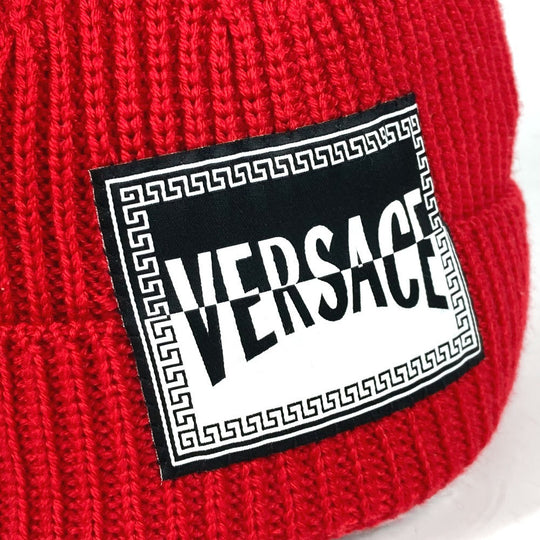 VERSACE Knit hat wool Red logo unisex(Unisex) Used Authentic