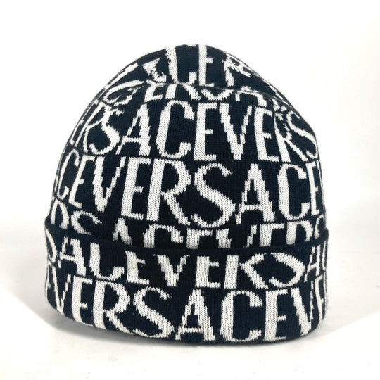 VERSACE Knit hat Wool, Cotton black All-over logo unisex(Unisex) Used Authentic