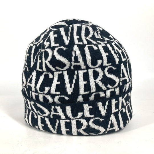 VERSACE Knit hat Wool, Cotton black All-over logo unisex(Unisex) Used Authentic
