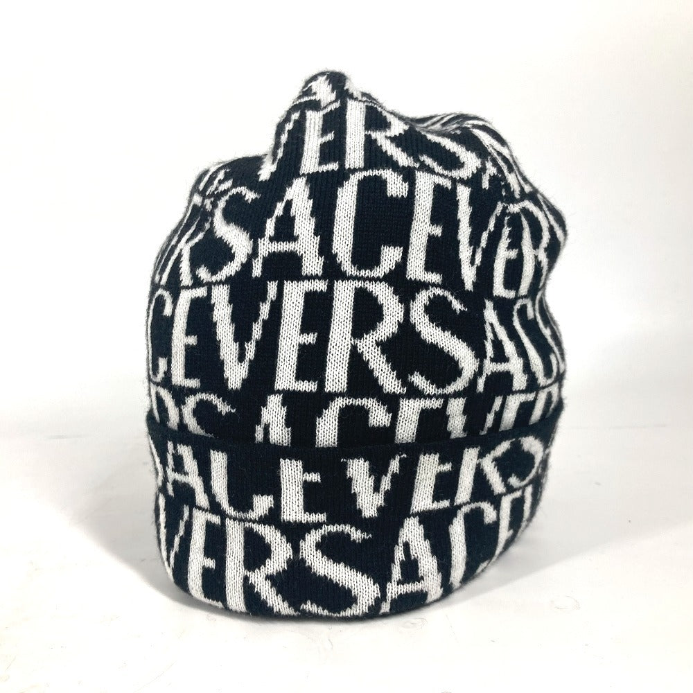 VERSACE Knit hat Wool, Cotton black All-over logo unisex(Unisex) Used Authentic