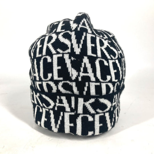 VERSACE Knit hat Wool, Cotton black All-over logo unisex(Unisex) Used Authentic