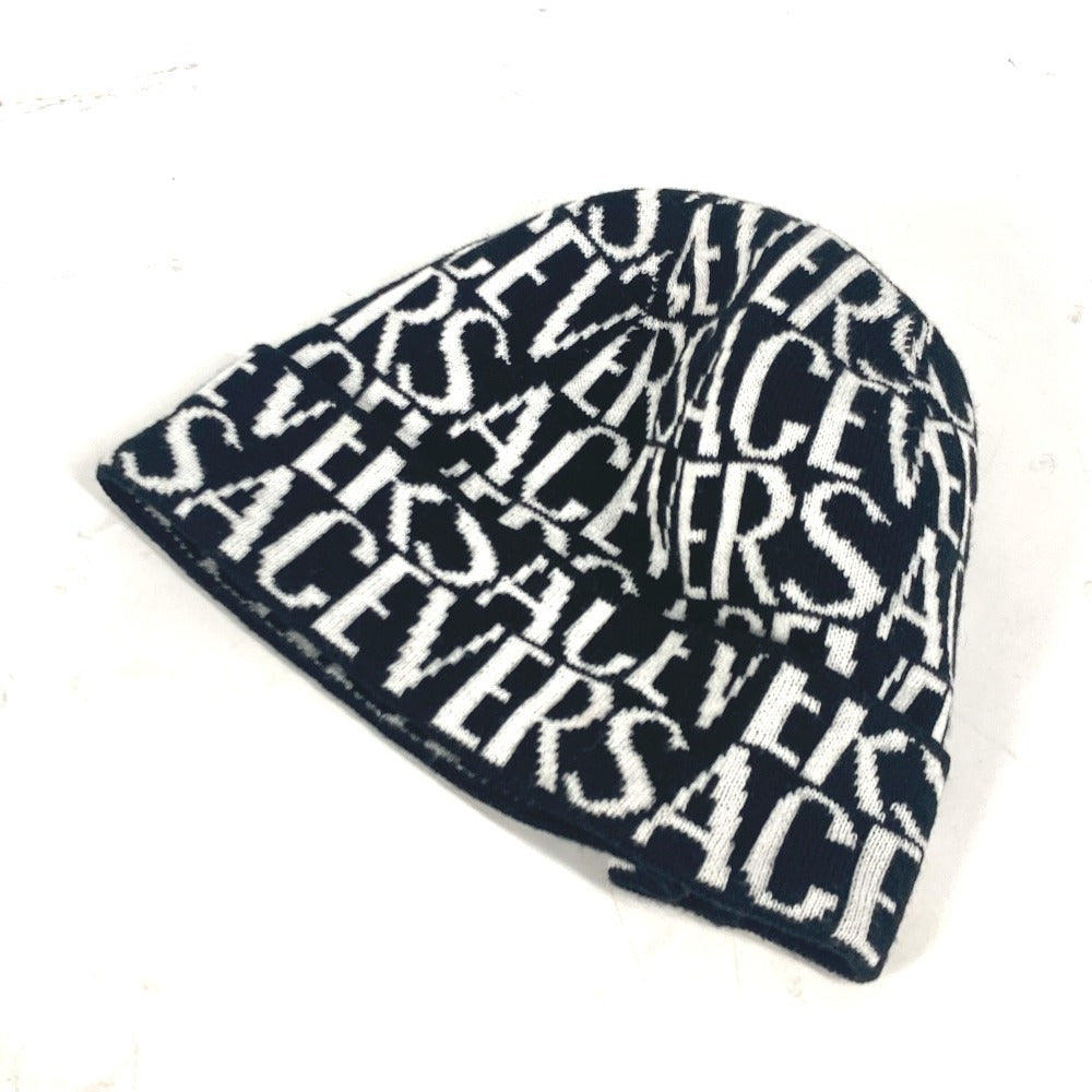 VERSACE Knit hat Wool, Cotton black All-over logo unisex(Unisex) Used Authentic