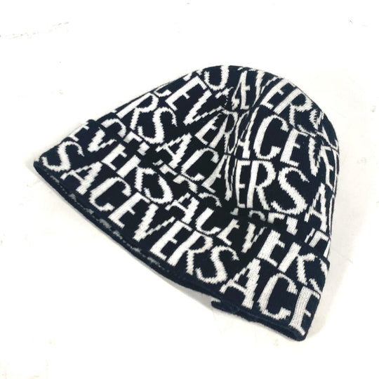 VERSACE Knit hat Wool, Cotton black All-over logo unisex(Unisex) Used Authentic