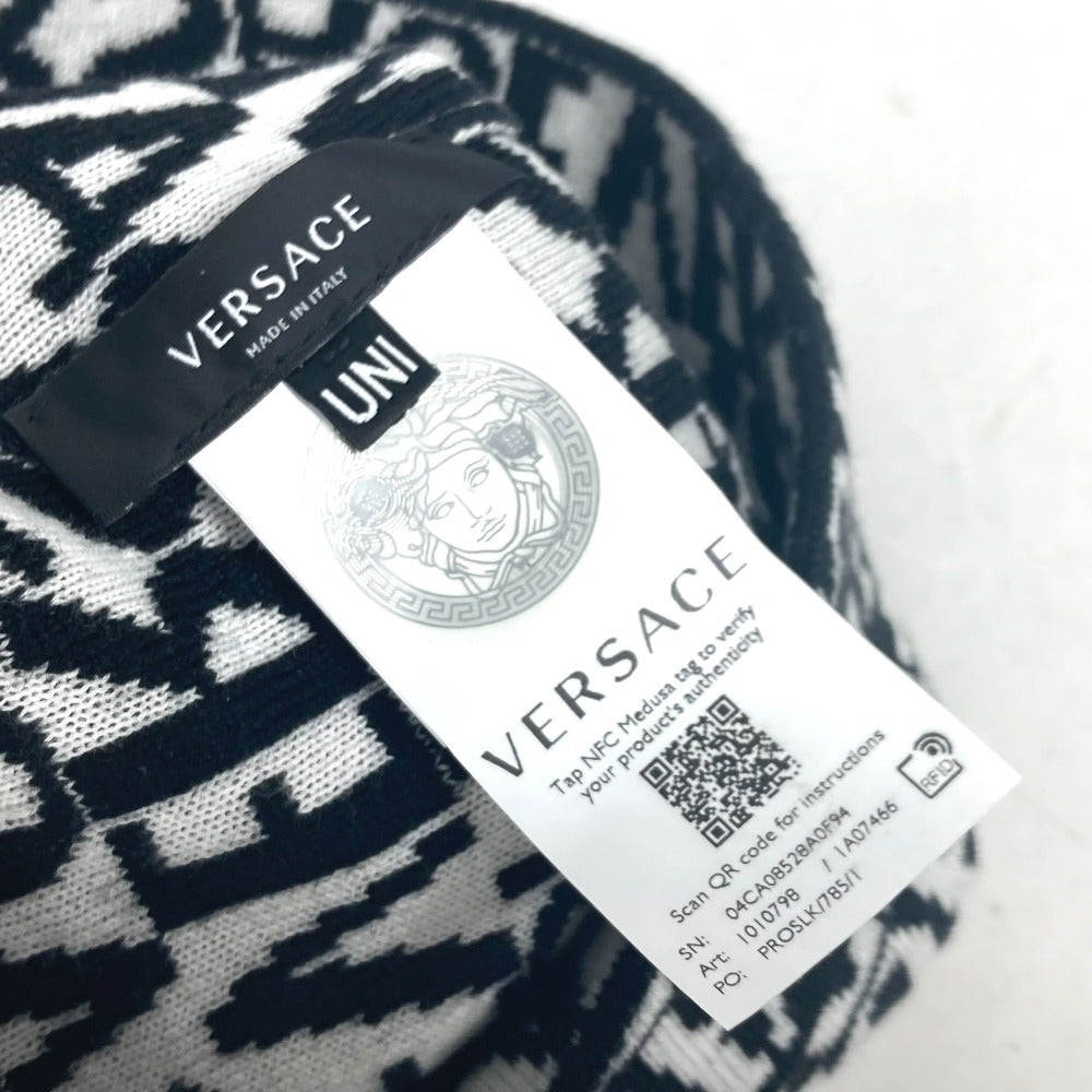 VERSACE Knit hat Wool, Cotton black All-over logo unisex(Unisex) Used Authentic