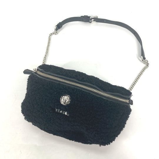 Versus Sling bag Fur, Leather black bag belt bag lion logo boa Women Used Authentic