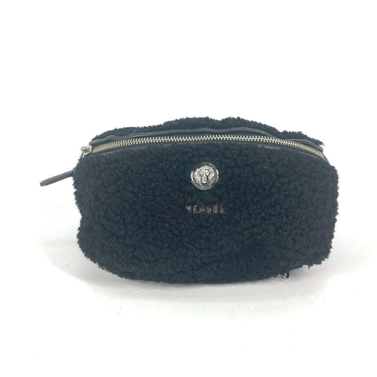 Versus Sling bag Fur, Leather black bag belt bag lion logo boa Women Used Authentic