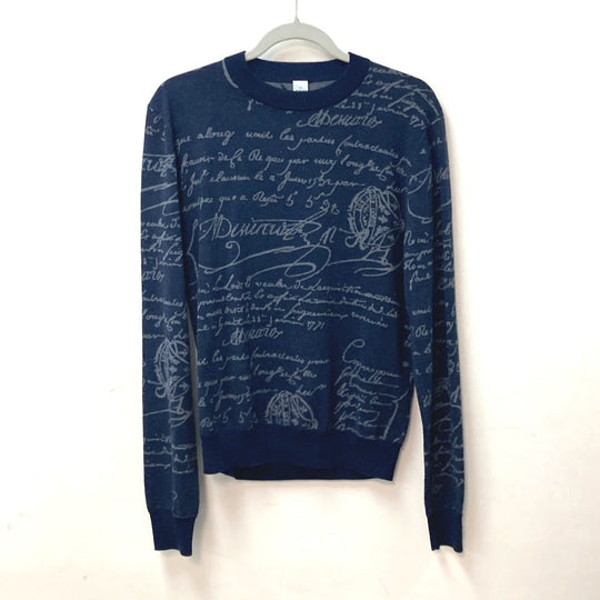 Berluti sweater R19KRL135 wool Navy long sleeve apparel tops knits All-over pattern with language logo mens S Used Authentic