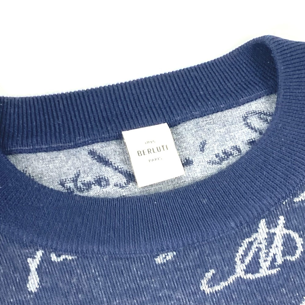 Berluti sweater R19KRL135 wool Navy long sleeve apparel tops knits All-over pattern with language logo mens S Used Authentic