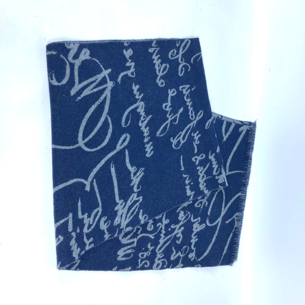 Berluti Scarf wool Navy By color logo calligraphy mens Used Authentic