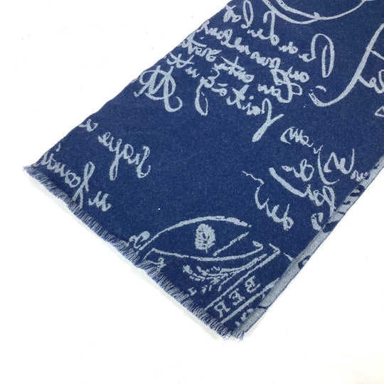 Berluti Scarf wool Navy By color logo calligraphy mens Used Authentic