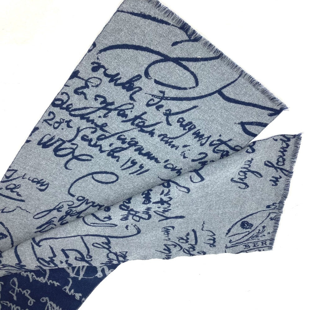 Berluti Scarf wool Navy By color logo calligraphy mens Used Authentic