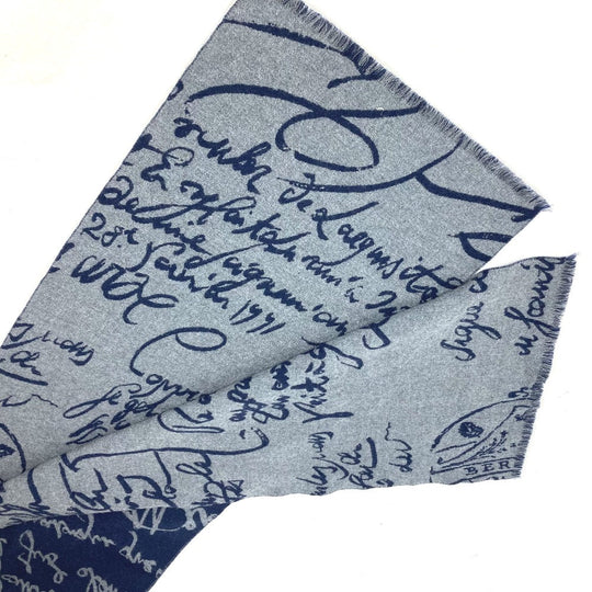 Berluti Scarf wool Navy By color logo calligraphy mens Used Authentic