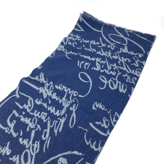 Berluti Scarf wool Navy By color logo calligraphy mens Used Authentic