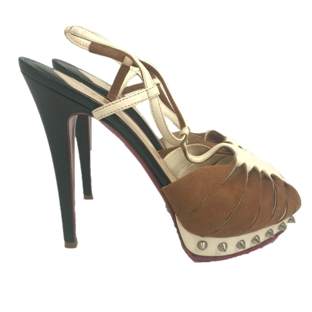Christian Louboutin Sandals Suede / leather White x brown Spike studs T strap Women 36 Used Authentic