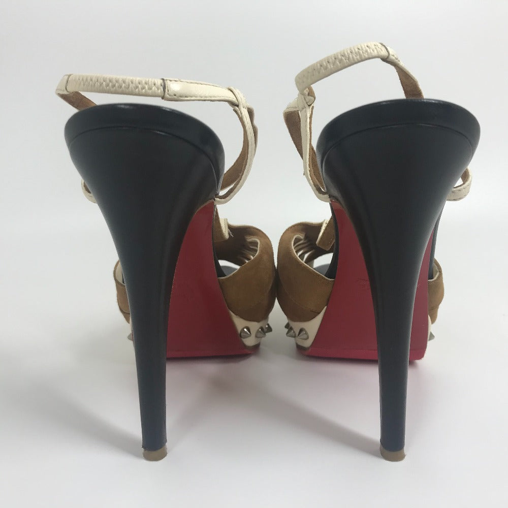Christian Louboutin Sandals Suede / leather White x brown Spike studs T strap Women 36 Used Authentic