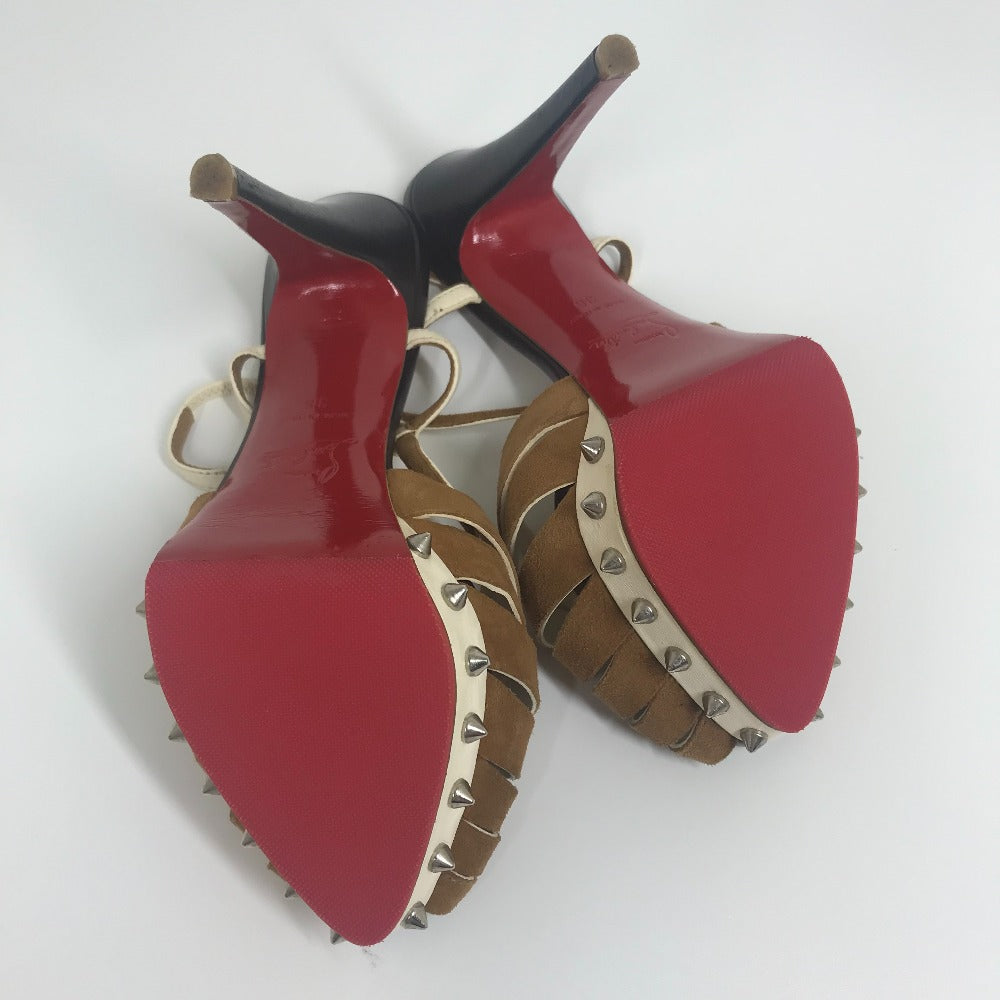 Christian Louboutin Sandals Suede / leather White x brown Spike studs T strap Women 36 Used Authentic