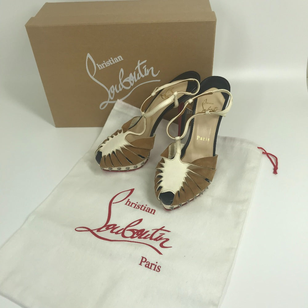 Christian Louboutin Sandals Suede / leather White x brown Spike studs T strap Women 36 Used Authentic