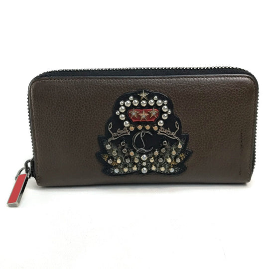 Christian Louboutin Long Wallet Purse 1175060 Calf leather Brown Studs logo Panettone mens Used Authentic