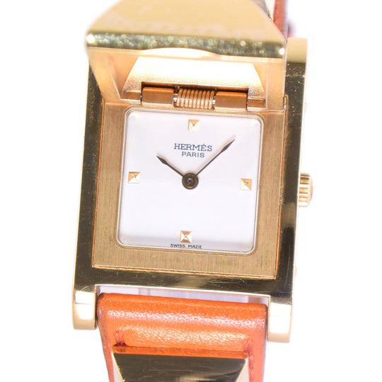 HERMES Watches Quartz Plated Gold , Leather Orange Medor White dial Women Used Authentic