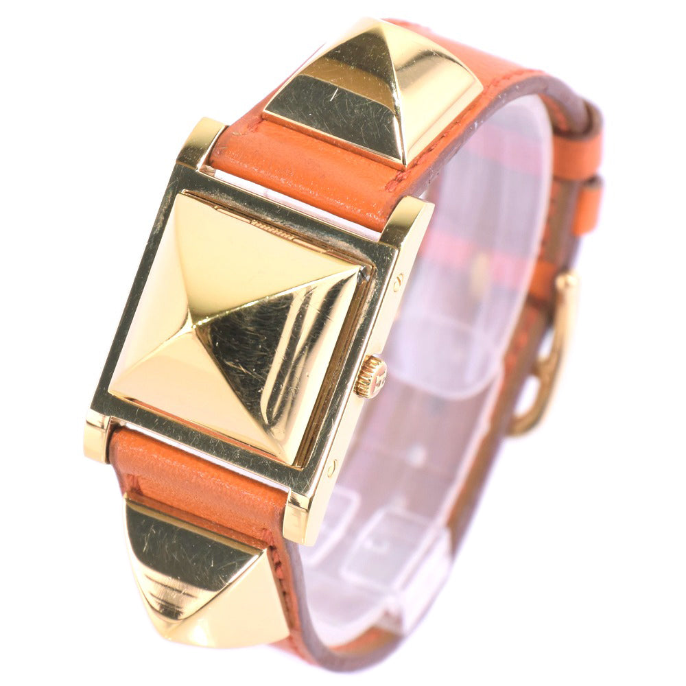 HERMES Watches Quartz Plated Gold , Leather Orange Medor White dial Women Used Authentic