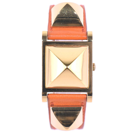 HERMES Watches Quartz Plated Gold , Leather Orange Medor White dial Women Used Authentic