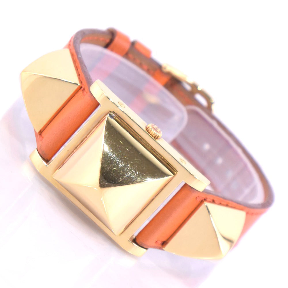 HERMES Watches Quartz Plated Gold , Leather Orange Medor White dial Women Used Authentic