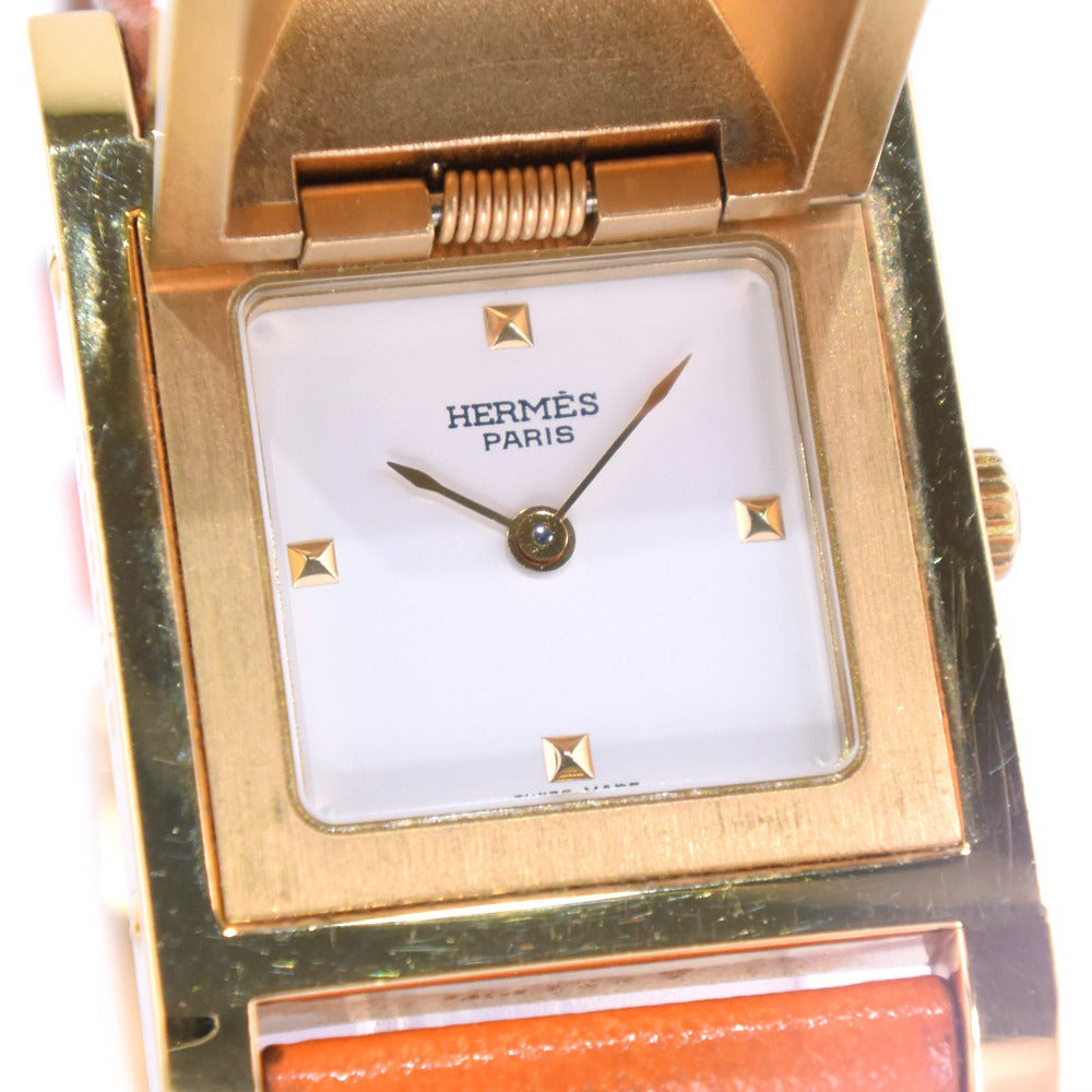 HERMES Watches Quartz Plated Gold , Leather Orange Medor White dial Women Used Authentic