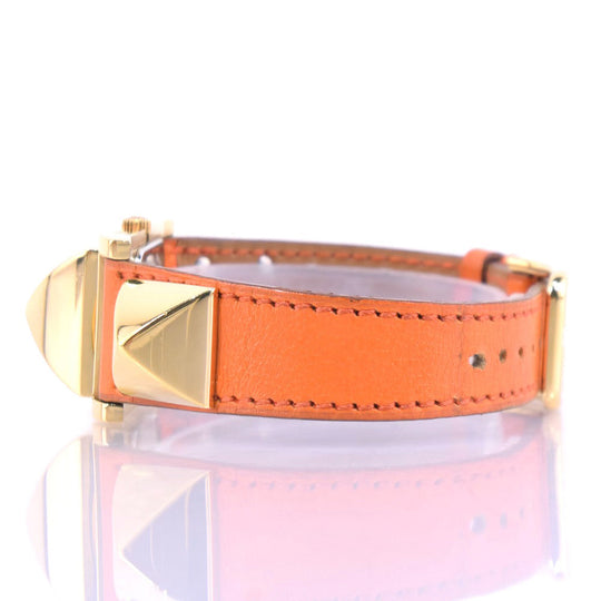 HERMES Watches Quartz Plated Gold , Leather Orange Medor White dial Women Used Authentic