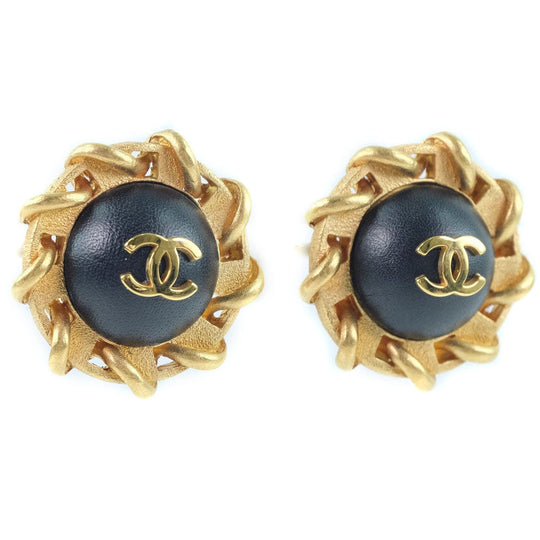 CHANEL Earring Plated Gold , Leather gold COCO Mark Women Used Authentic