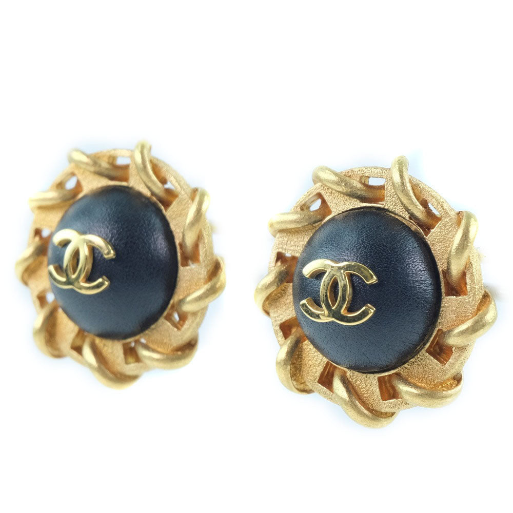 CHANEL Earring Plated Gold , Leather gold COCO Mark Women Used Authentic