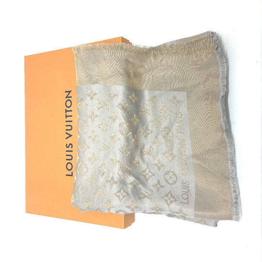 LOUIS VUITTON shawl M75121 silk gray Shoal Monogram Shine Women Used Authentic