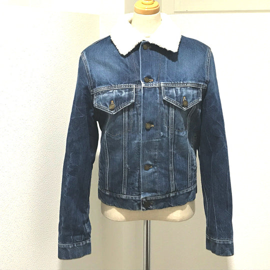 SAINT LAURENT PARIS Denim Jacket 483202 YZ883 cotton Denim blue x white logo Monogram maxi patch Women XS Used Authentic
