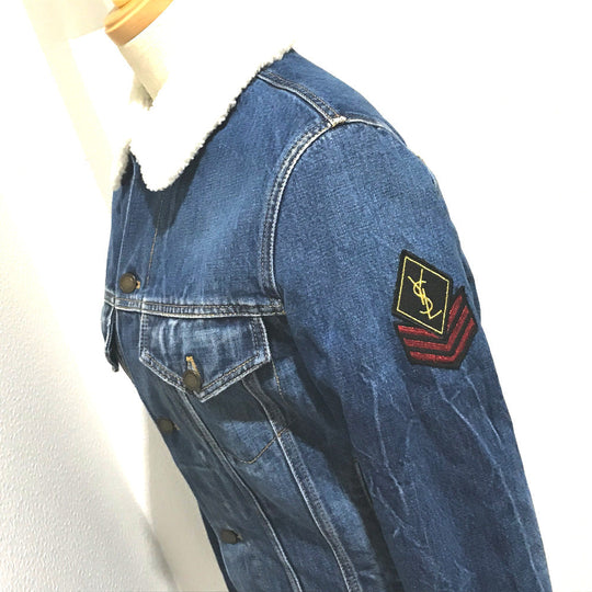 SAINT LAURENT PARIS Denim Jacket 483202 YZ883 cotton Denim blue x white logo Monogram maxi patch Women XS Used Authentic