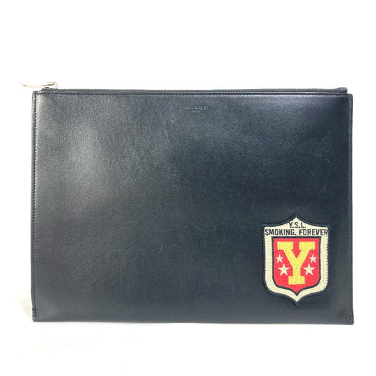 SAINT LAURENT PARIS Clutch bag 397295 leather black Pouch logo patch mens Used Authentic