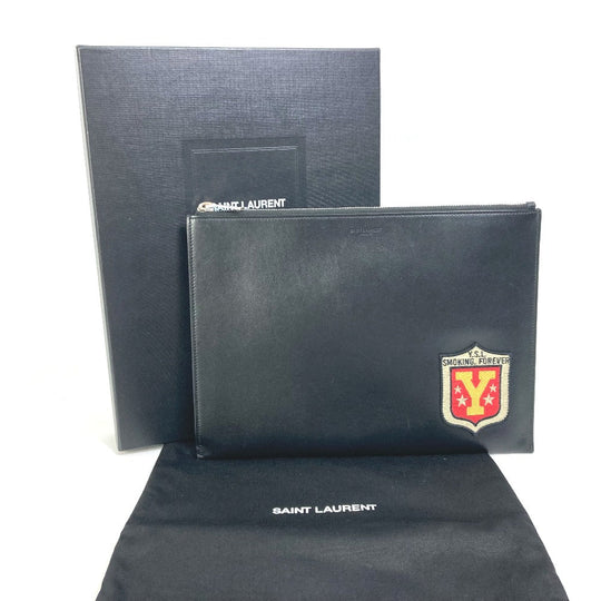 SAINT LAURENT PARIS Clutch bag 397295 leather black Pouch logo patch mens Used Authentic