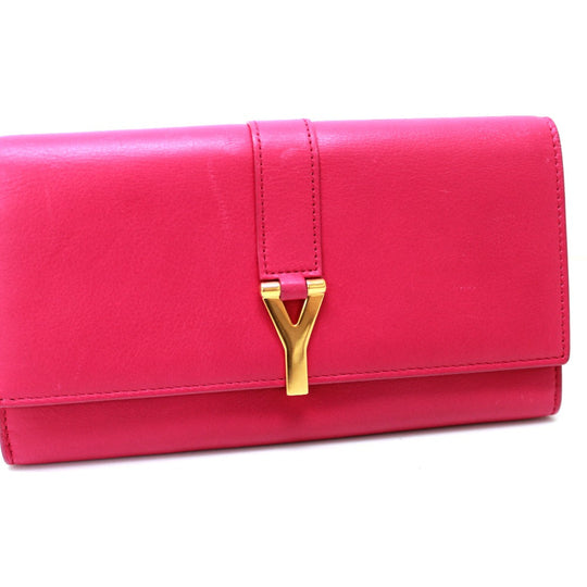 SAINT LAURENT PARIS Long Wallet Purse 314995 leather pink Y line Flap wallet Women Used Authentic