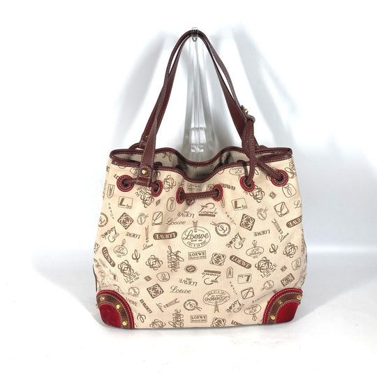 LOEWE Shoulder Bag Canvas / leather beige 160th anniversary logo anagram drawstring bag Women Used Authentic