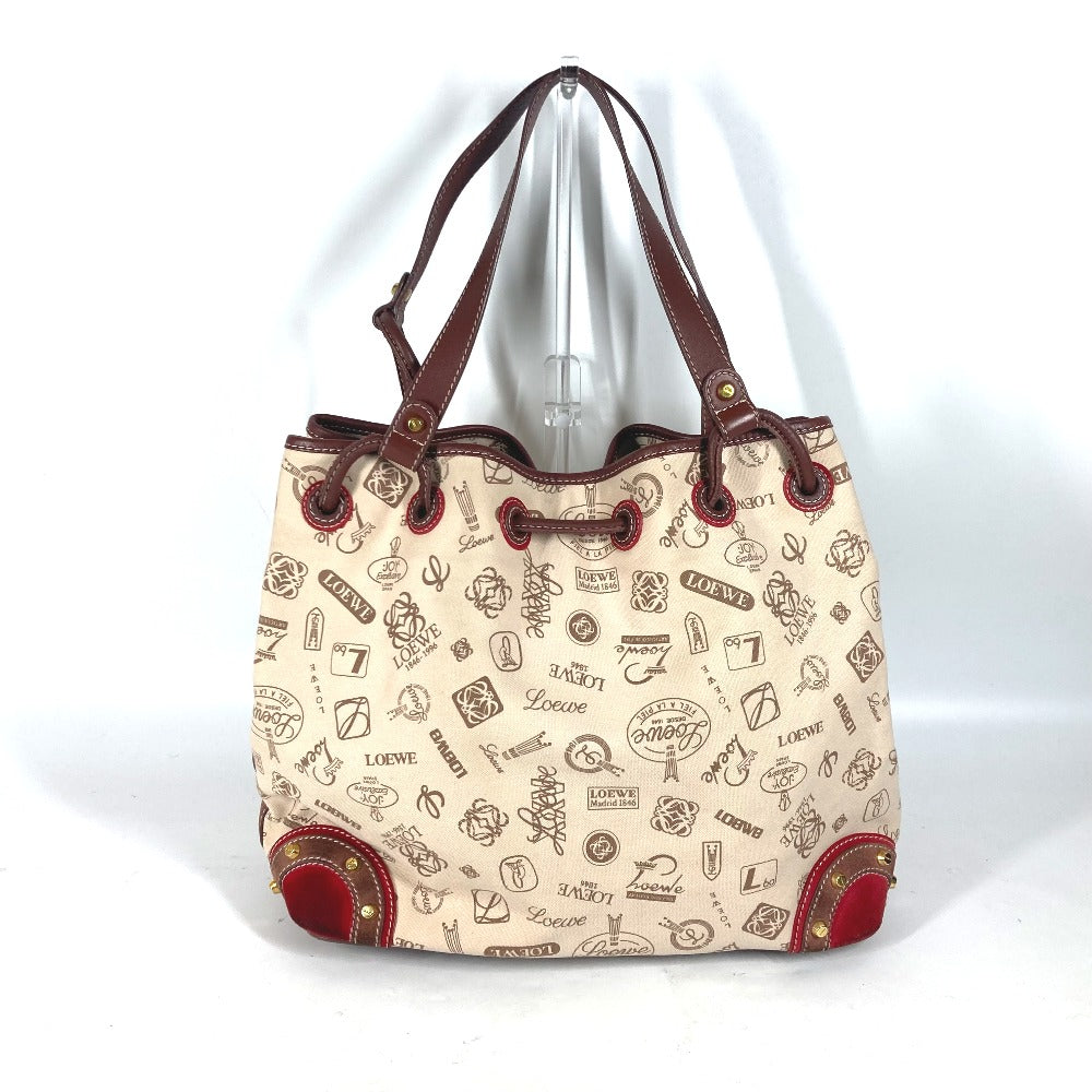 LOEWE Shoulder Bag Canvas / leather beige 160th anniversary logo anagram drawstring bag Women Used Authentic