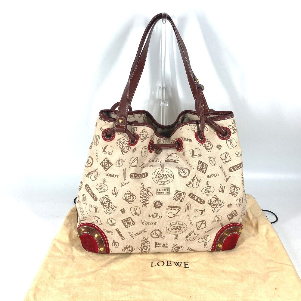 LOEWE Shoulder Bag Canvas / leather beige 160th anniversary logo anagram drawstring bag Women Used Authentic