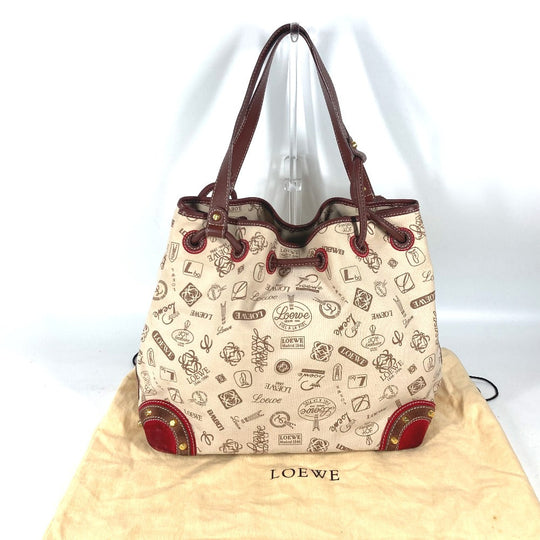 LOEWE Shoulder Bag Canvas / leather beige 160th anniversary logo anagram drawstring bag Women Used Authentic