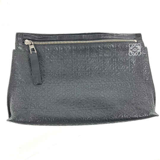 LOEWE Clutch bag leather black pouch bag Anagram T Pouch mens Used Authentic