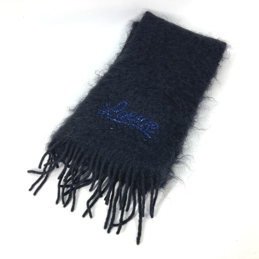 LOEWE Scarf Mohair, Wool black Bead embroidery logo Women Used Authentic