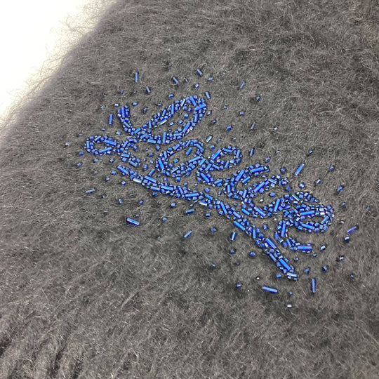 LOEWE Scarf Mohair, Wool black Bead embroidery logo Women Used Authentic